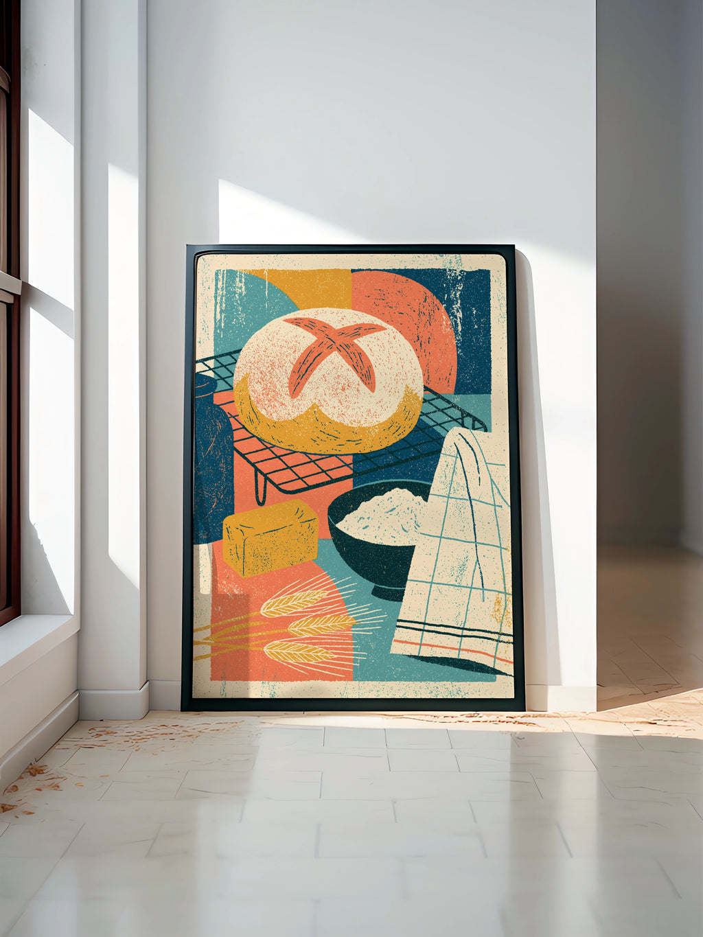 Vintage Food Poster Print, Rustic Bread Baking Art, Retro Mid Century Risograph Kitchen Decor