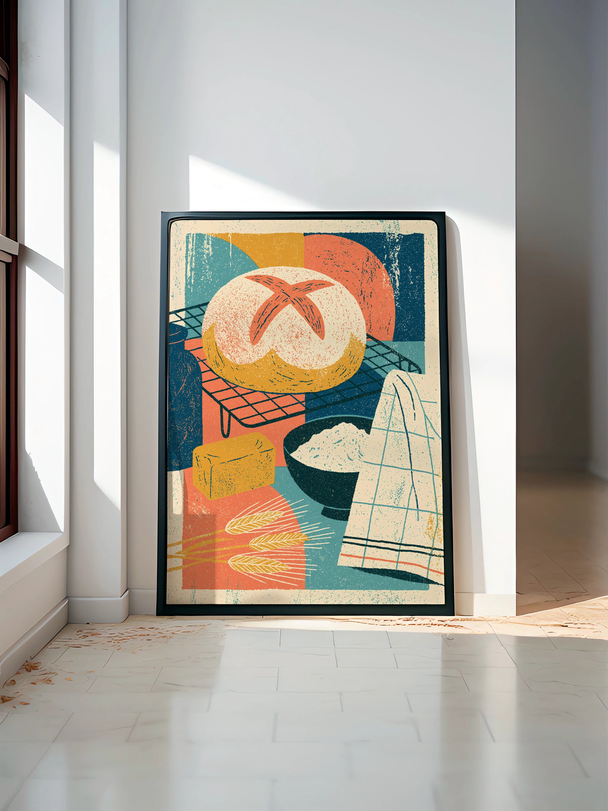 Vintage Food Poster Print, Rustic Bread Baking Art, Retro Mid Century Risograph Kitchen Decor