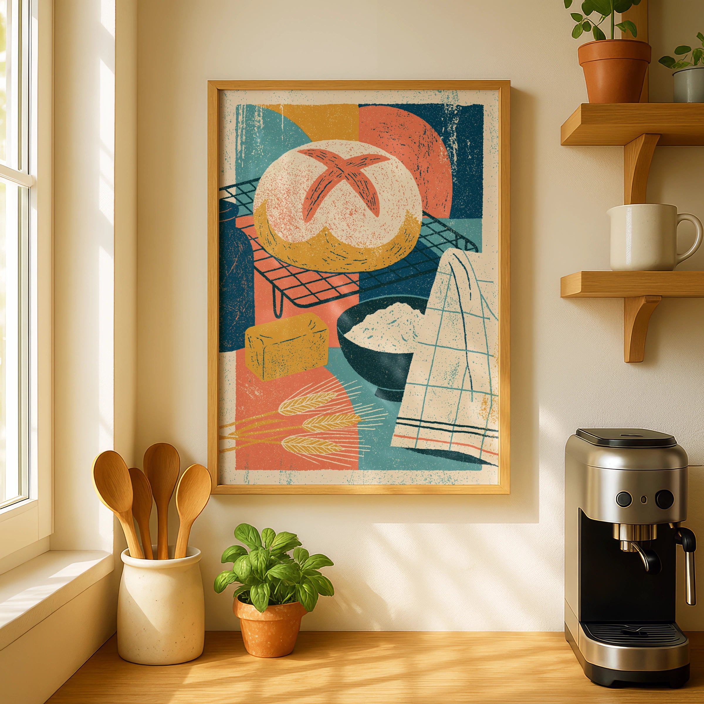 Vintage Food Poster Print, Rustic Bread Baking Art, Retro Mid Century Risograph Kitchen Decor