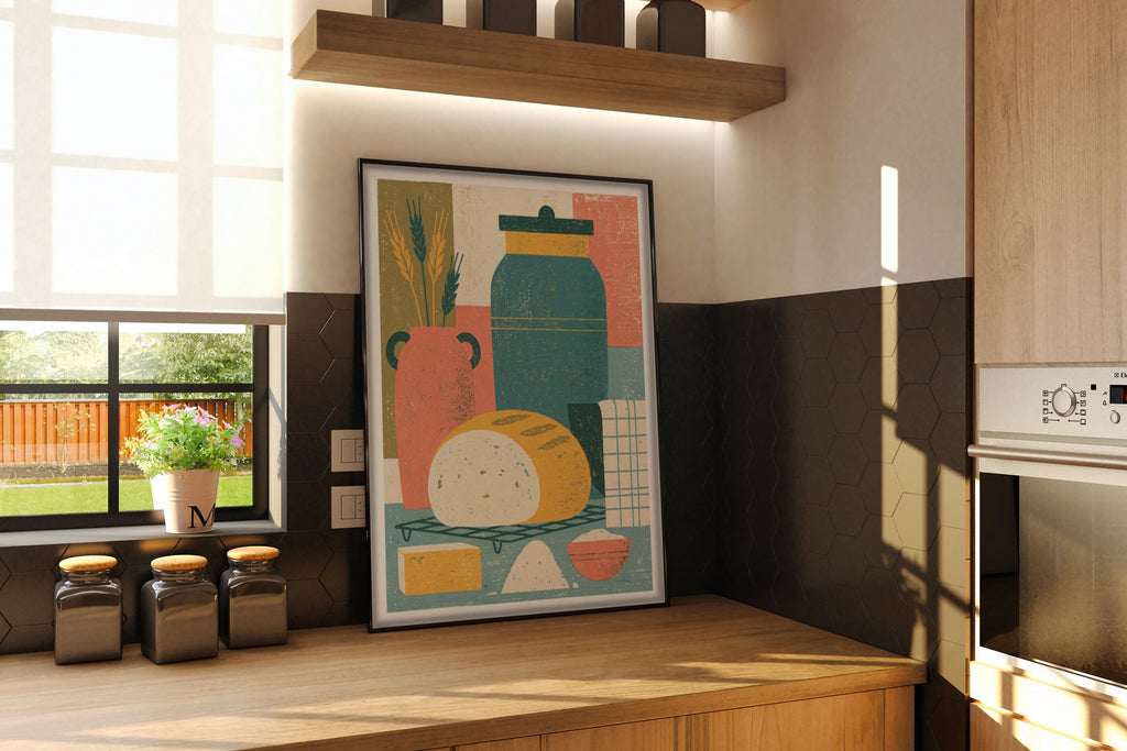 Vintage Food Poster Print, Rustic Kitchen Decor, Retro Mid Century Risograph Bread Art