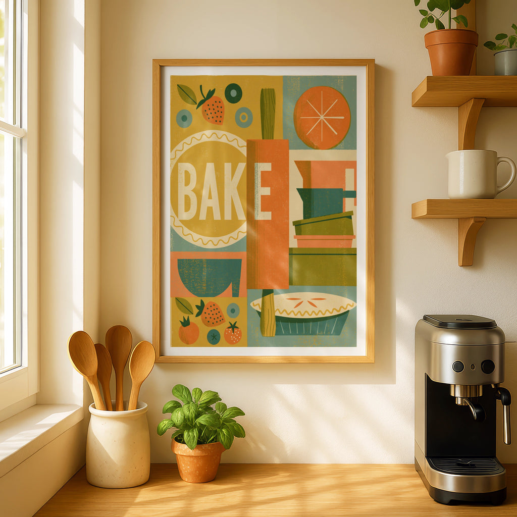 Vintage Food Poster Print, Bake Kitchen Wall Art, Rustic Retro Mid Century Risograph Baking Decor