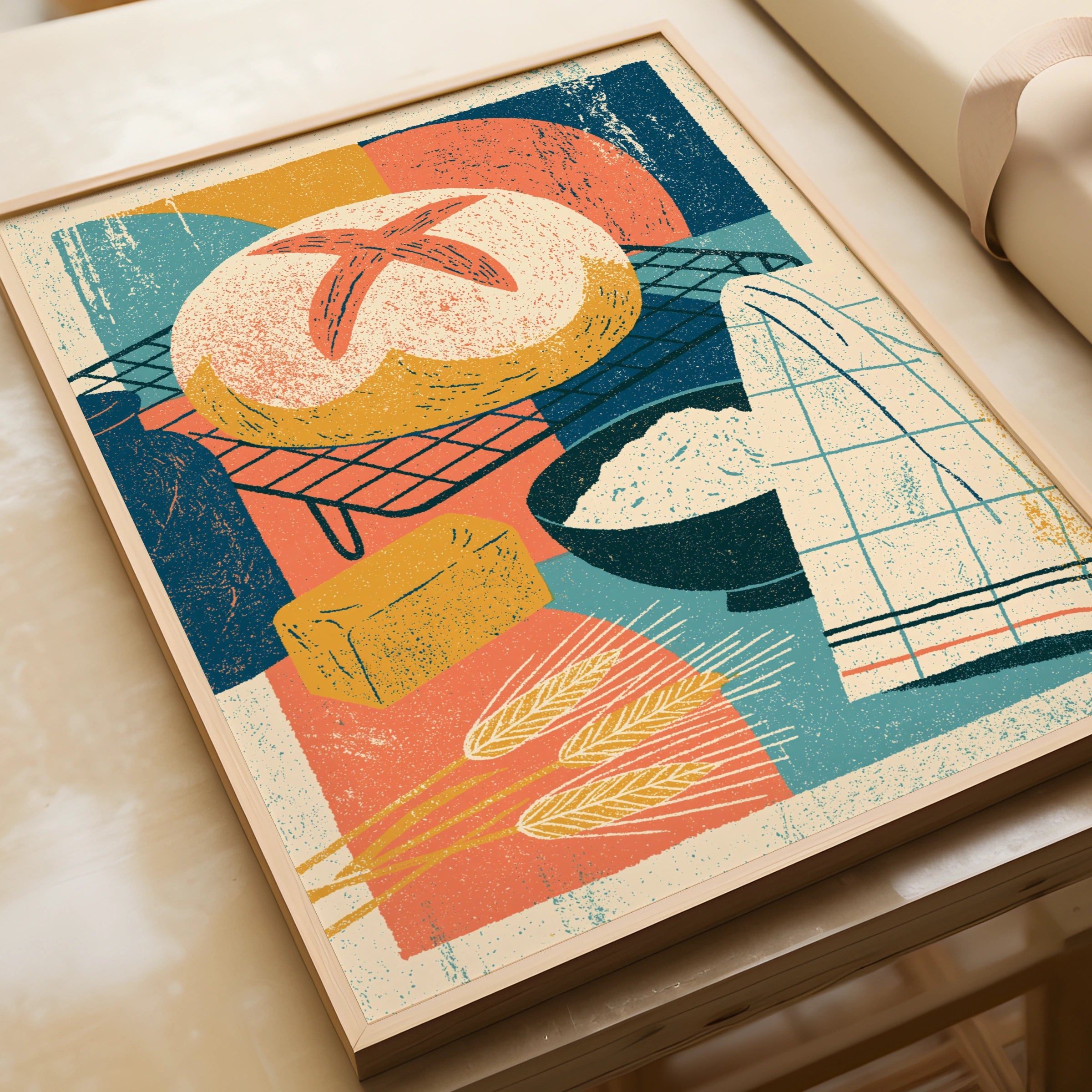 Vintage Food Poster Print, Rustic Bread Baking Art, Retro Mid Century Risograph Kitchen Decor