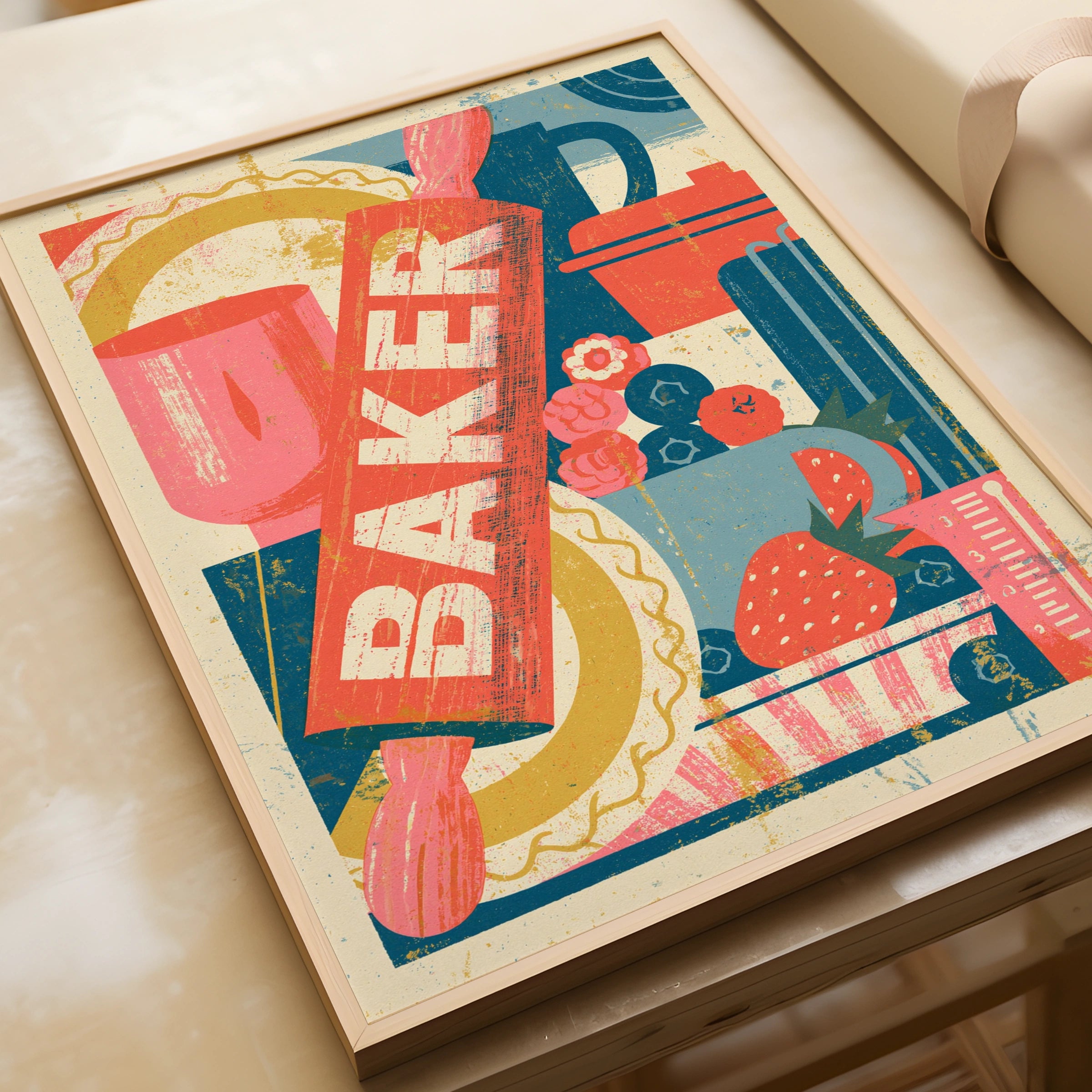 Vintage Food Poster Print, Baker Risograph Wall Art, Rustic Kitchen Decor, Retro Mid Century Baking