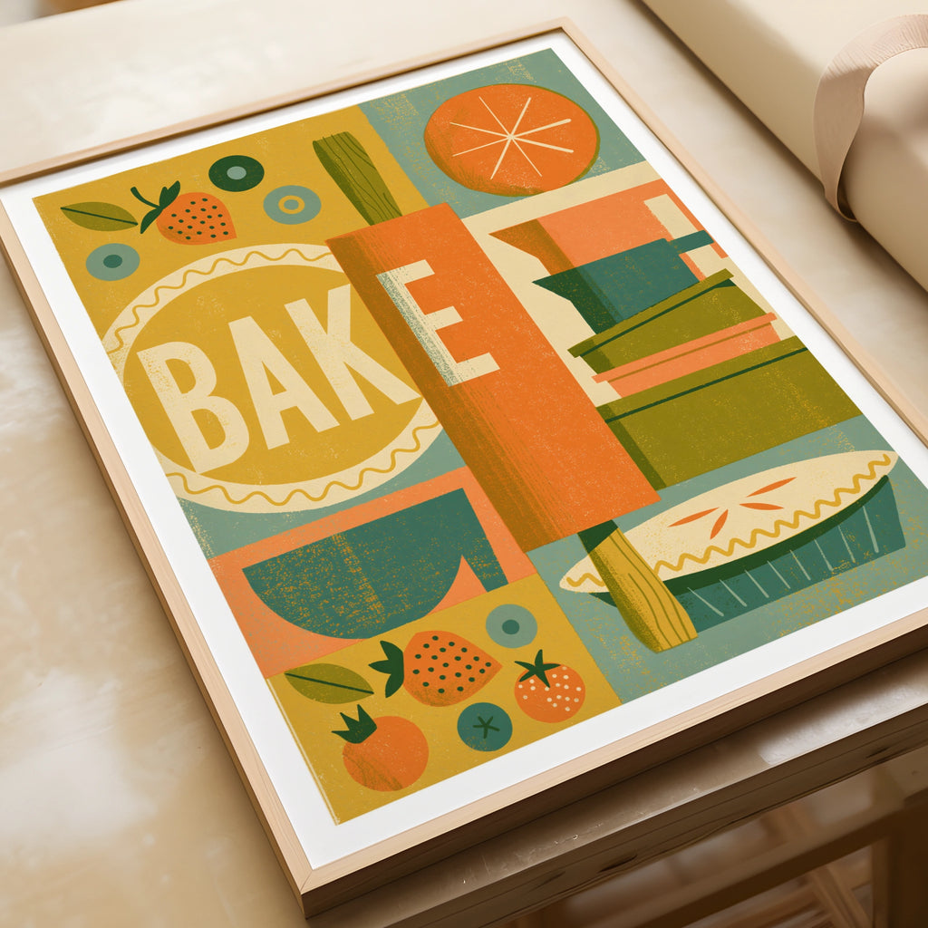 Vintage Food Poster Print, Bake Kitchen Wall Art, Rustic Retro Mid Century Risograph Baking Decor