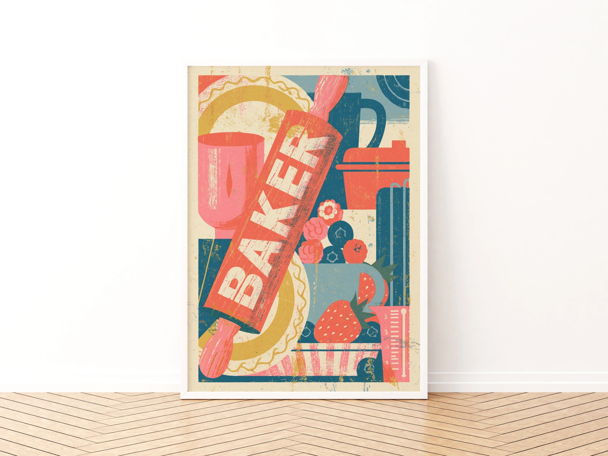 Vintage Food Poster Print, Baker Risograph Wall Art, Rustic Kitchen Decor, Retro Mid Century Baking