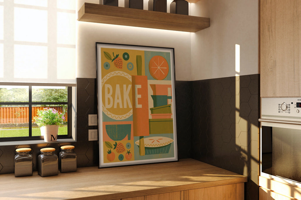Vintage Food Poster Print, Bake Kitchen Wall Art, Rustic Retro Mid Century Risograph Baking Decor