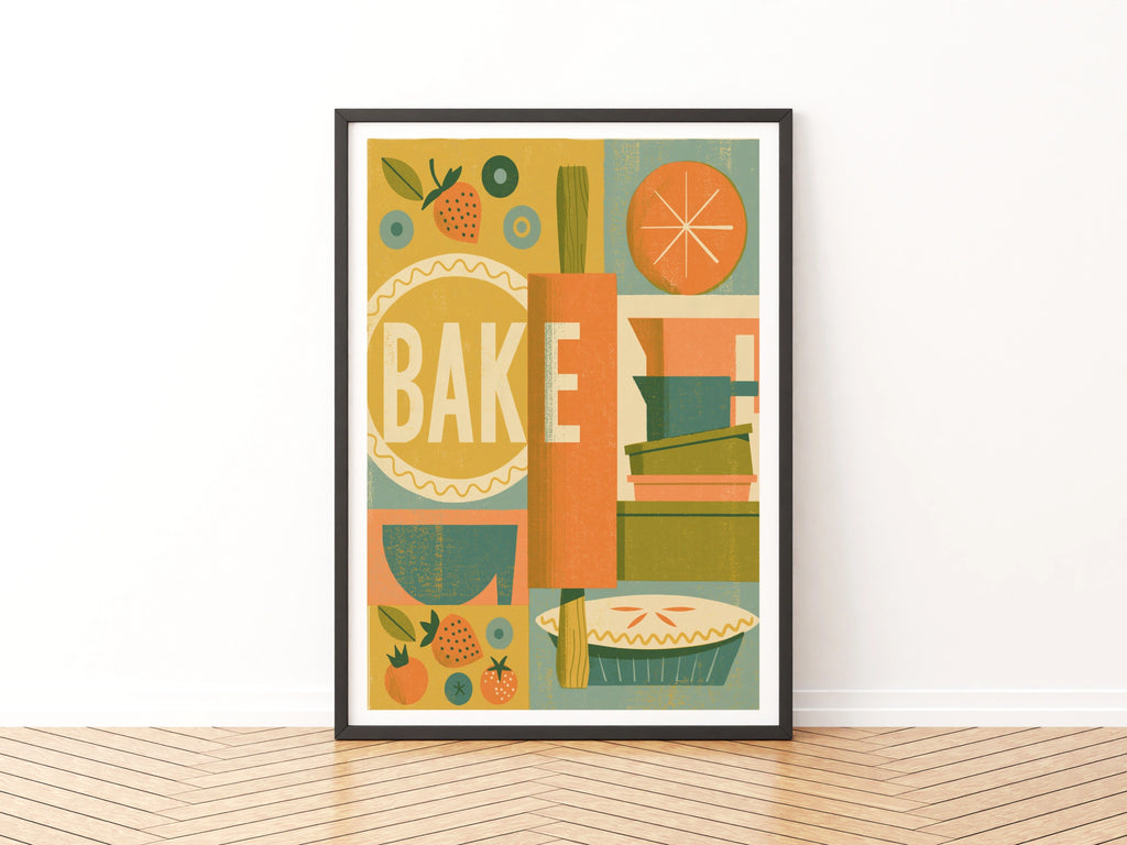 Vintage Food Poster Print, Bake Kitchen Wall Art, Rustic Retro Mid Century Risograph Baking Decor