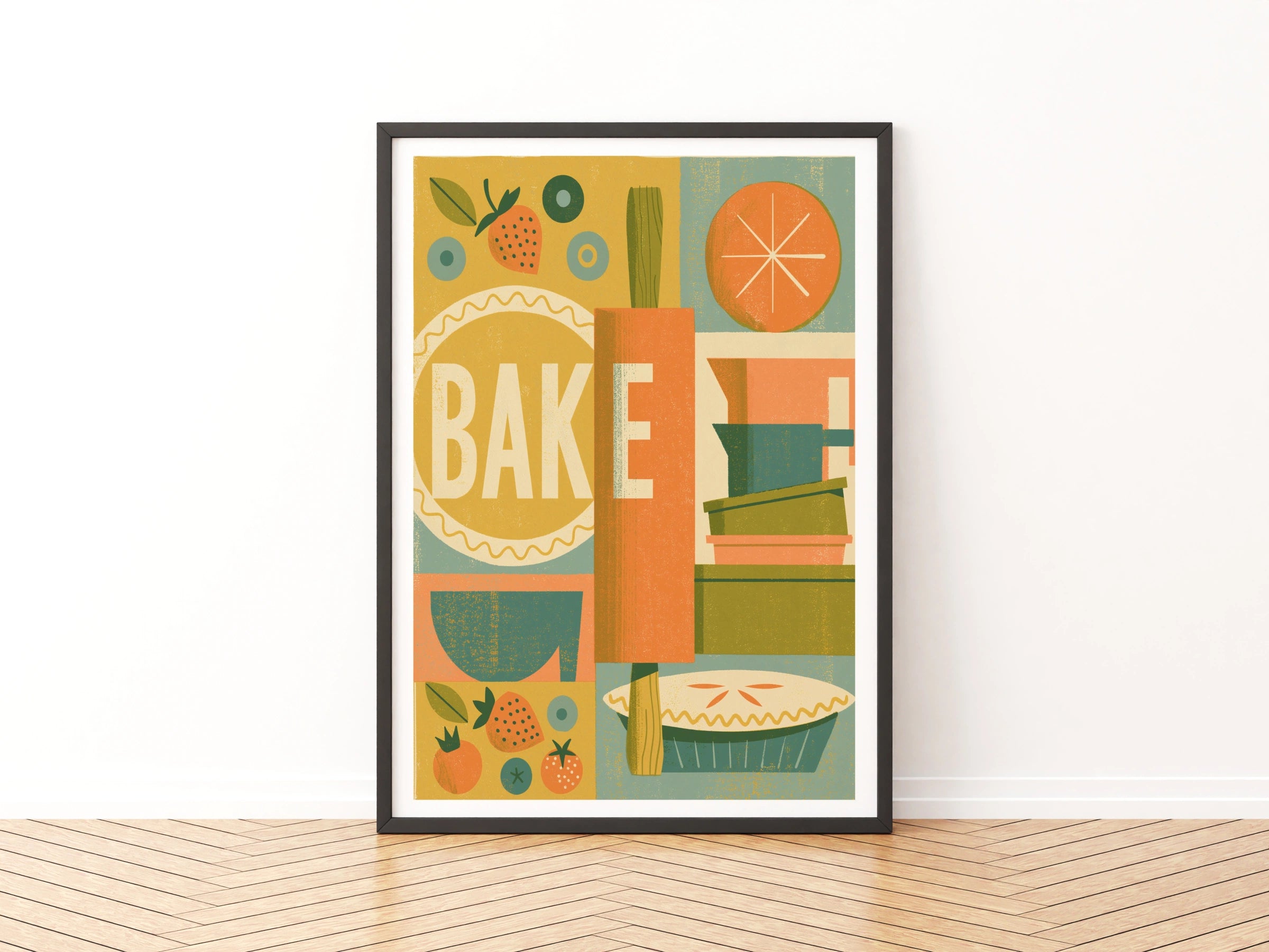 Vintage Food Poster Print, Bake Kitchen Wall Art, Rustic Retro Mid Century Risograph Baking Decor