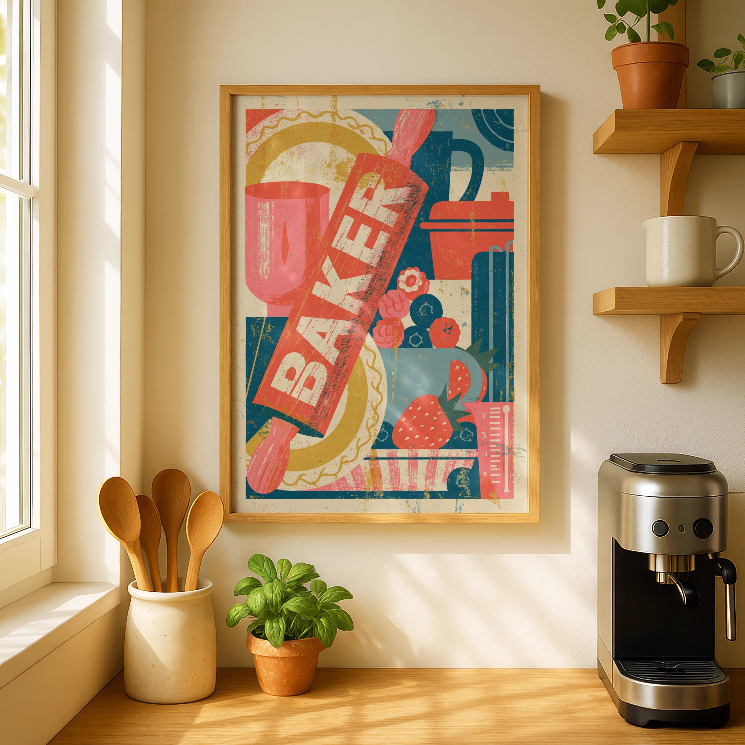 Vintage Food Poster Print, Baker Risograph Wall Art, Rustic Kitchen Decor, Retro Mid Century Baking