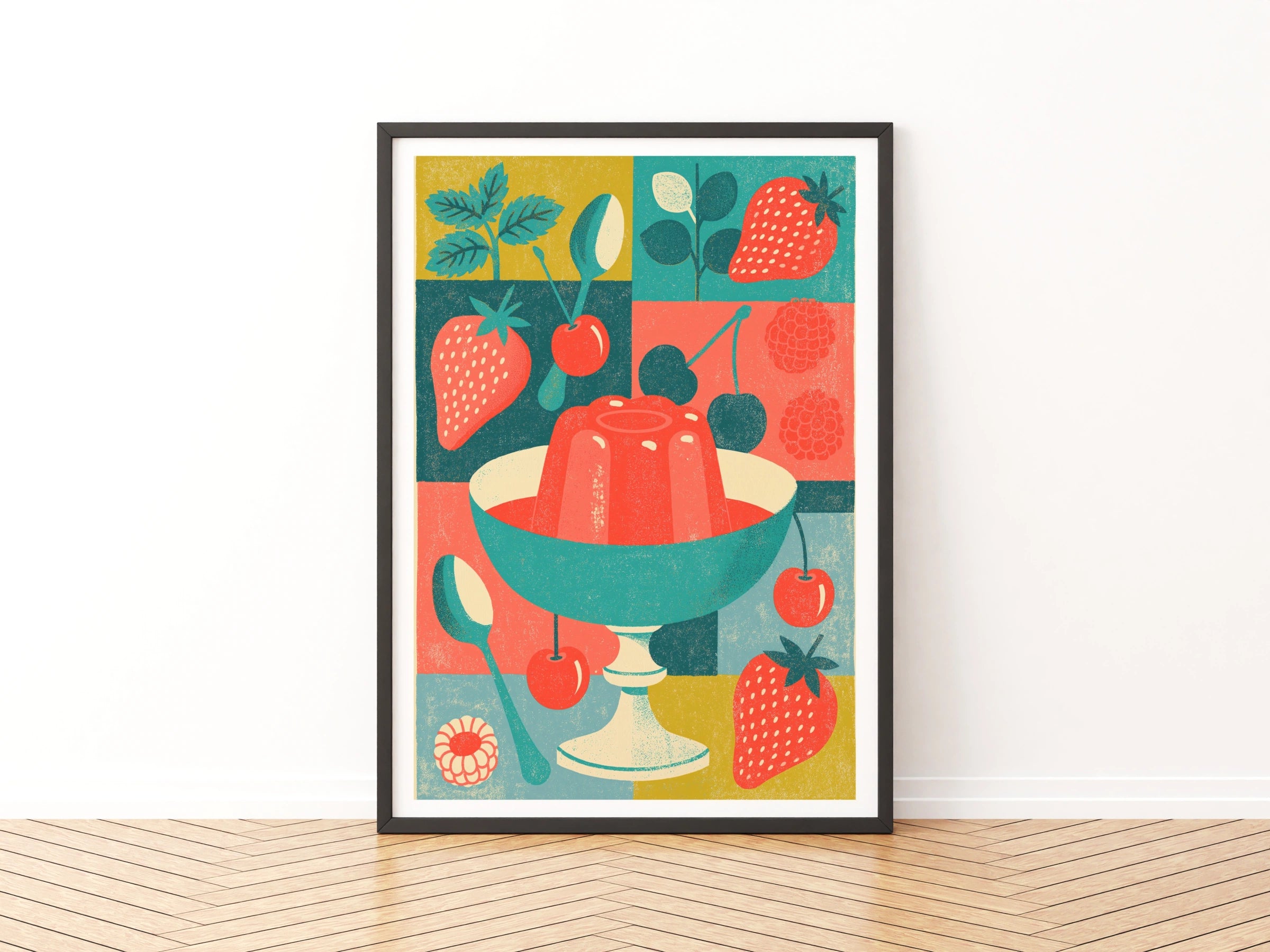 Vintage Food Poster Print, Retro Jelly Dessert, Rustic Kitchen Decor, Mid Century Risograph Art