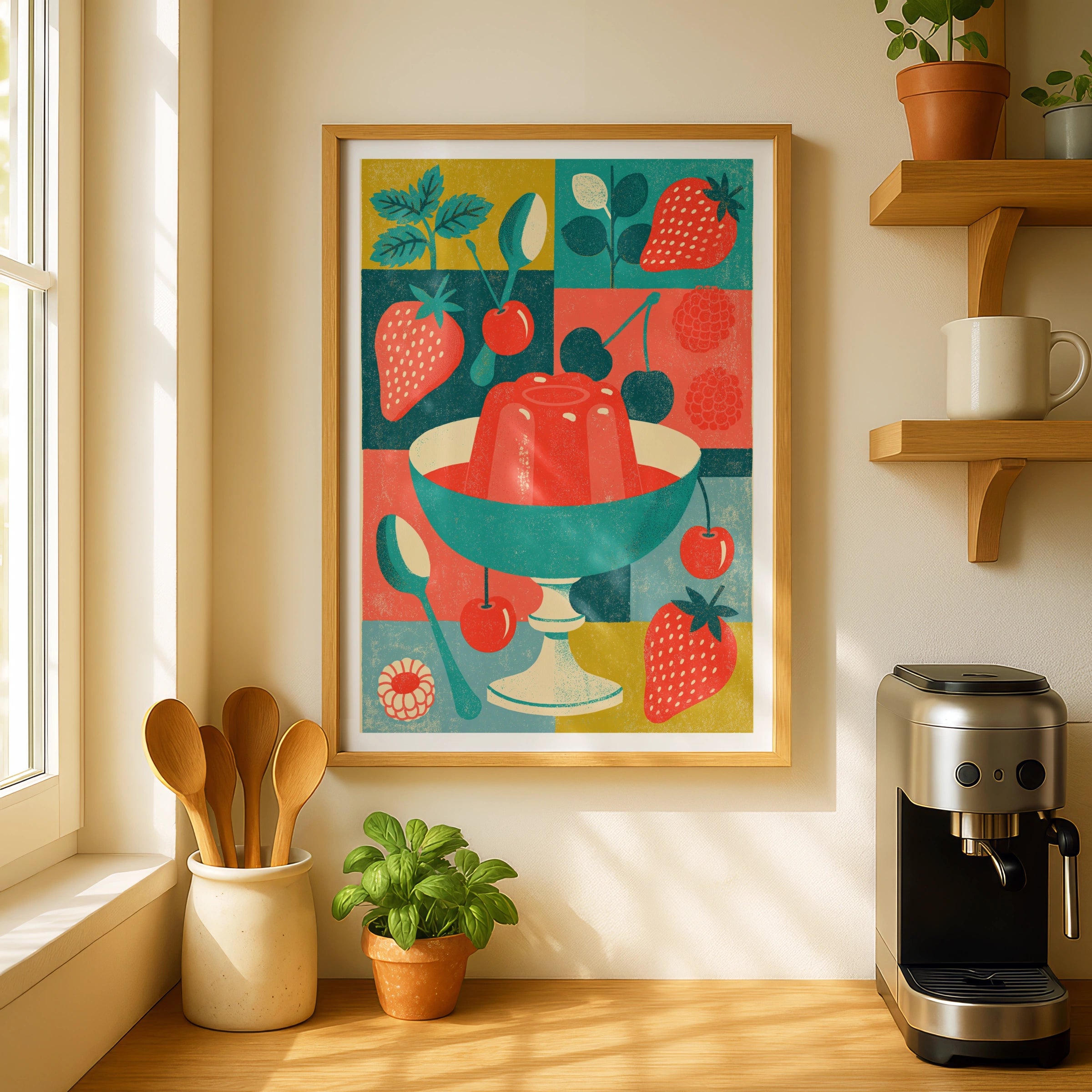 Vintage Food Poster Print, Retro Jelly Dessert, Rustic Kitchen Decor, Mid Century Risograph Art