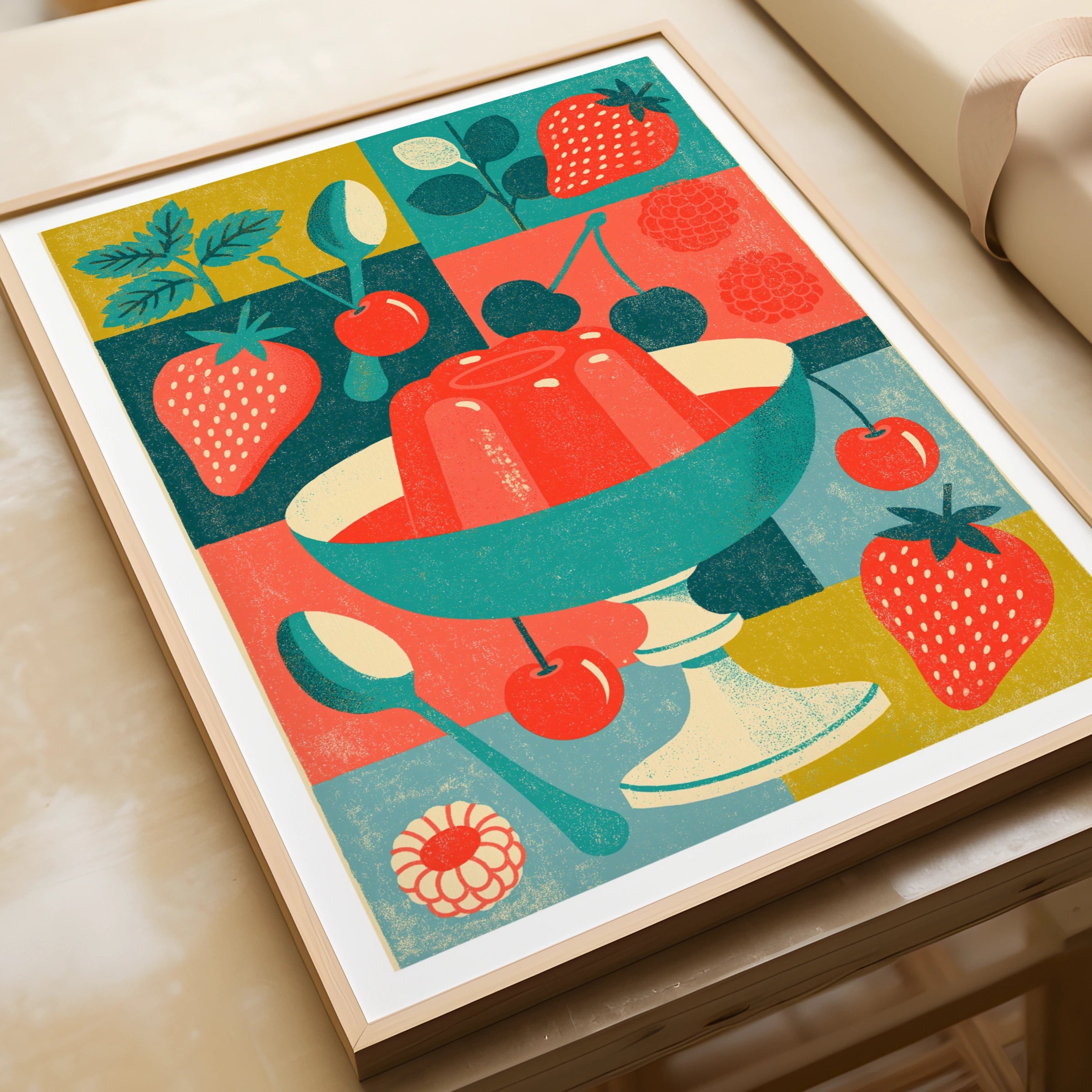 Vintage Food Poster Print, Retro Jelly Dessert, Rustic Kitchen Decor, Mid Century Risograph Art
