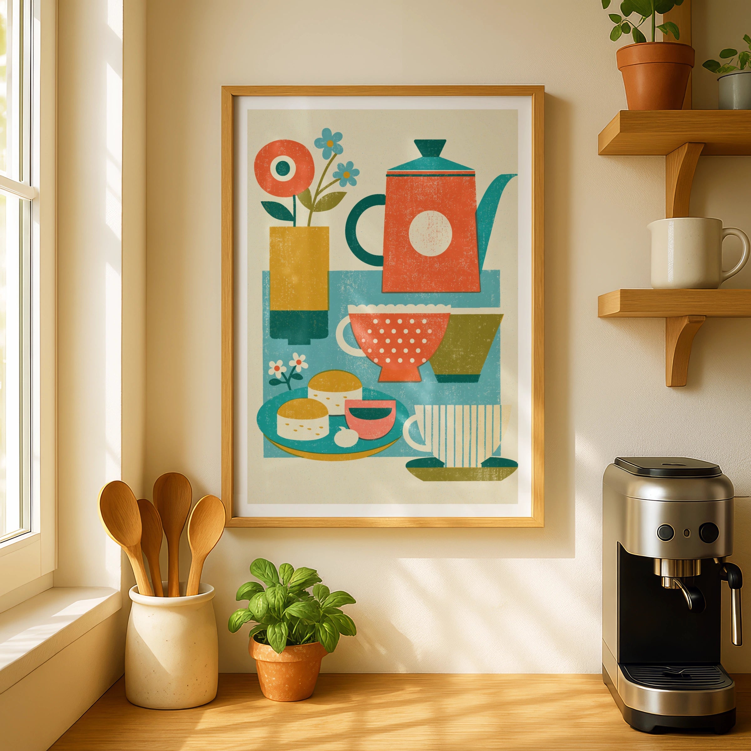 Vintage Food Poster Print | Rustic Kitchen Decor | Retro Mid Century Risograph Tea Set Art