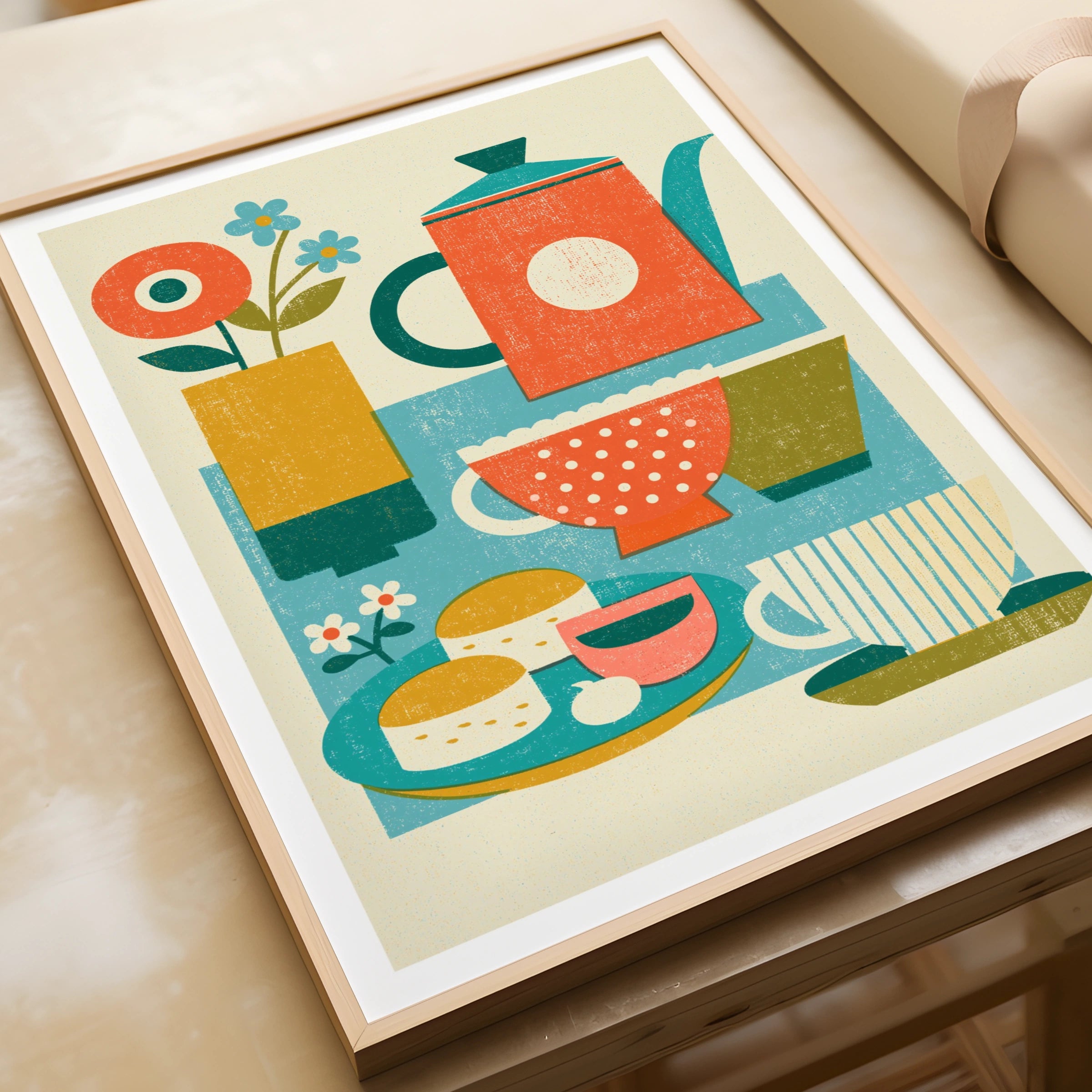 Vintage Food Poster Print | Rustic Kitchen Decor | Retro Mid Century Risograph Tea Set Art