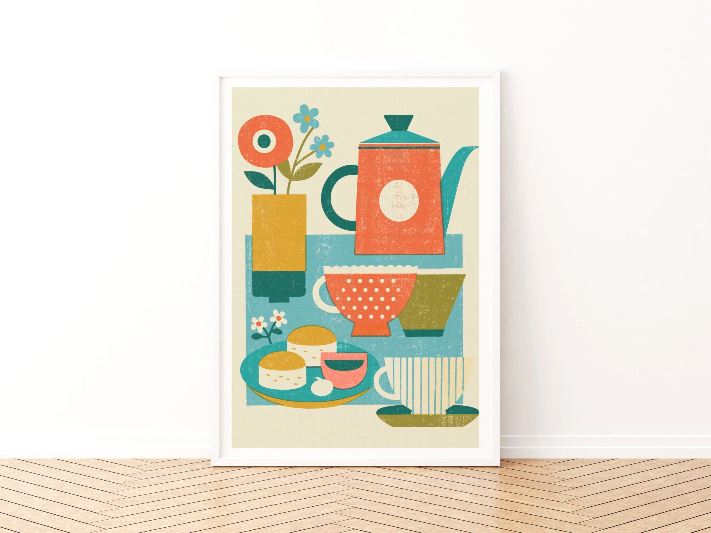 Vintage Food Poster Print | Rustic Kitchen Decor | Retro Mid Century Risograph Tea Set Art