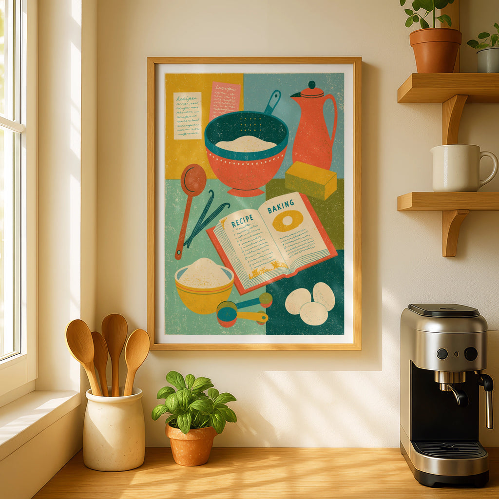 Vintage Food Poster Print, Baking Recipe Art, Rustic Kitchen Decor, Retro Mid Century Risograph