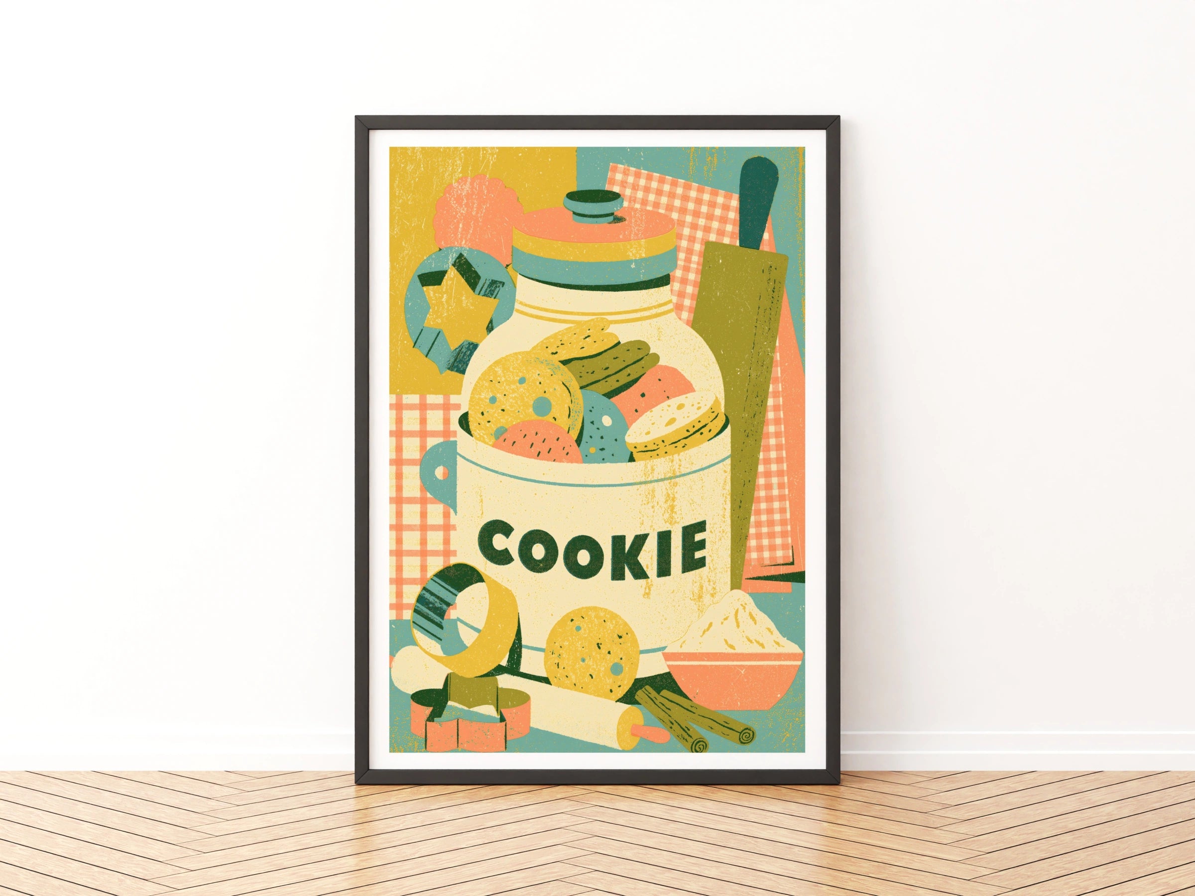 Vintage Food Poster Print, Cookie Jar Rustic Kitchen Decor, Retro Mid Century Risograph Baking Art
