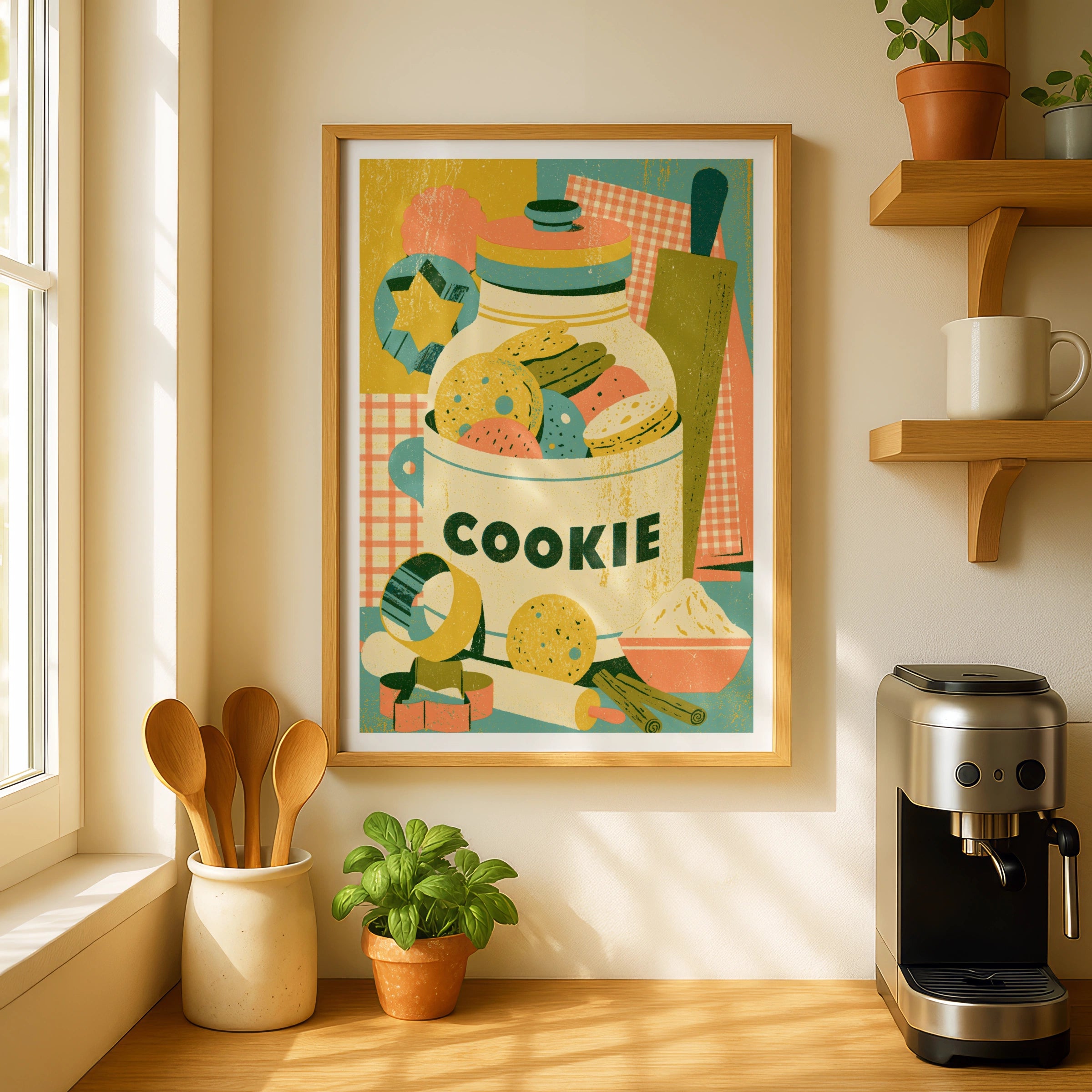 Vintage Food Poster Print, Cookie Jar Rustic Kitchen Decor, Retro Mid Century Risograph Baking Art