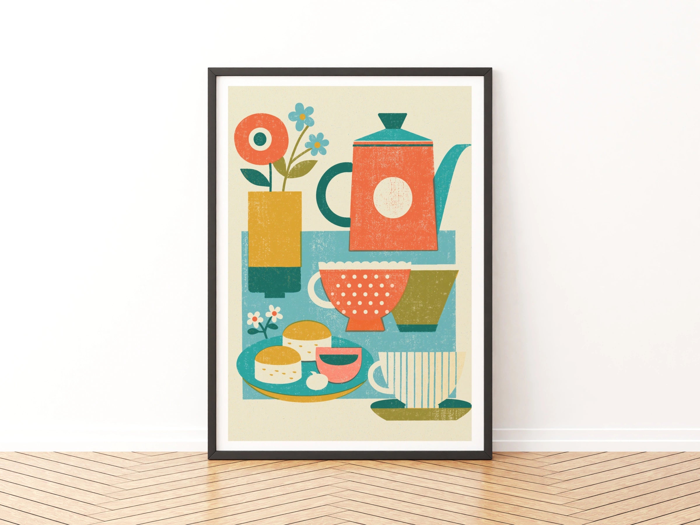 Vintage Food Poster Print | Rustic Kitchen Decor | Retro Mid Century Risograph Tea Set Art