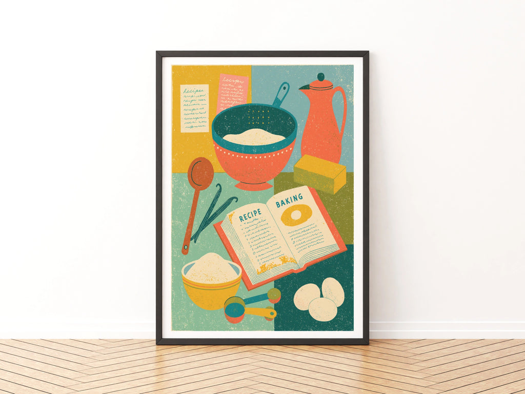 Vintage Food Poster Print, Baking Recipe Art, Rustic Kitchen Decor, Retro Mid Century Risograph