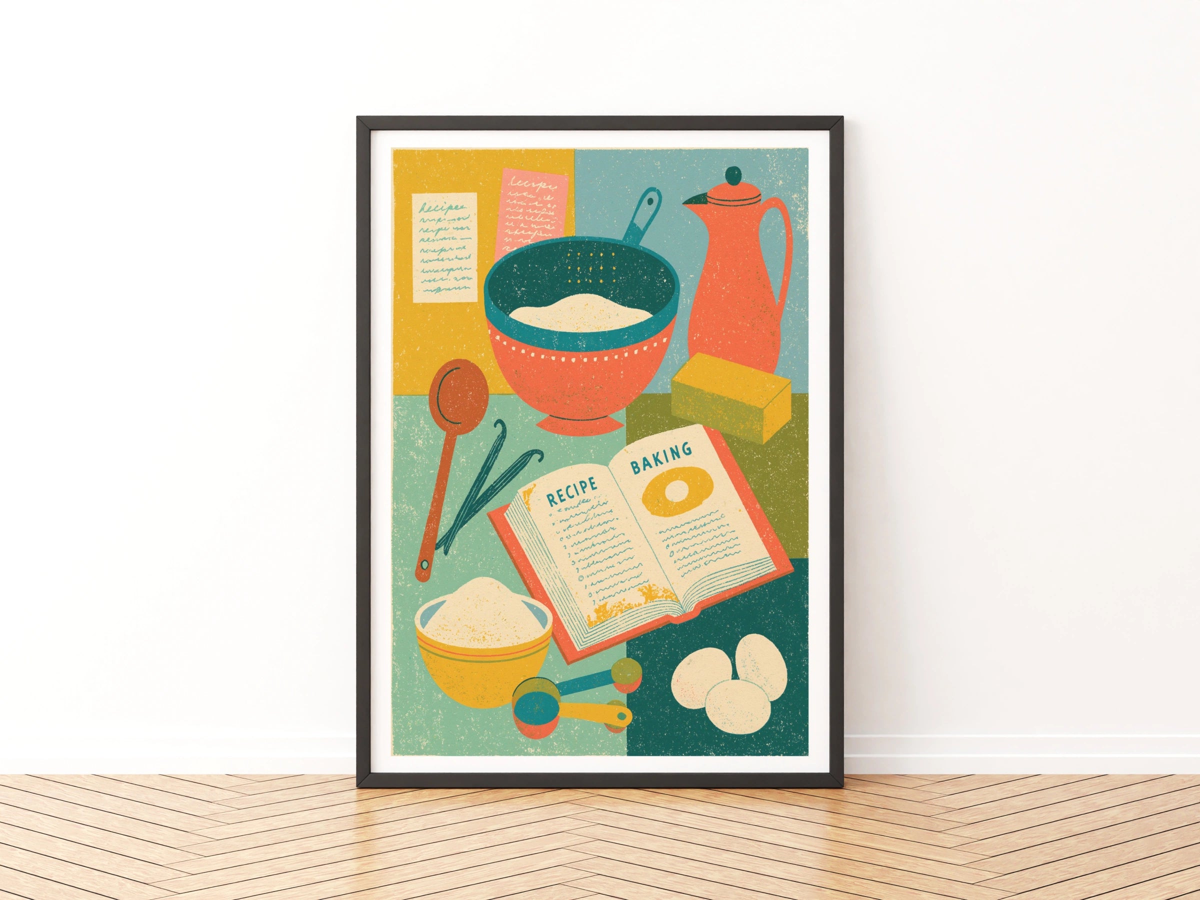Vintage Food Poster Print, Baking Recipe Art, Rustic Kitchen Decor, Retro Mid Century Risograph