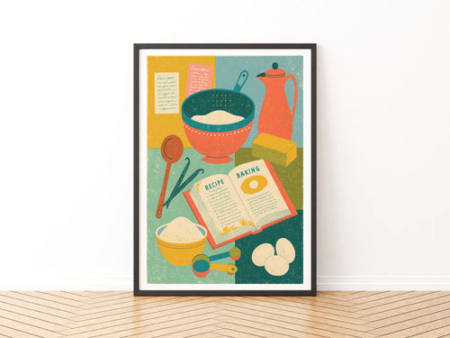 Vintage Food Poster Print, Baking Recipe Art, Rustic Kitchen Decor, Retro Mid Century Risograph