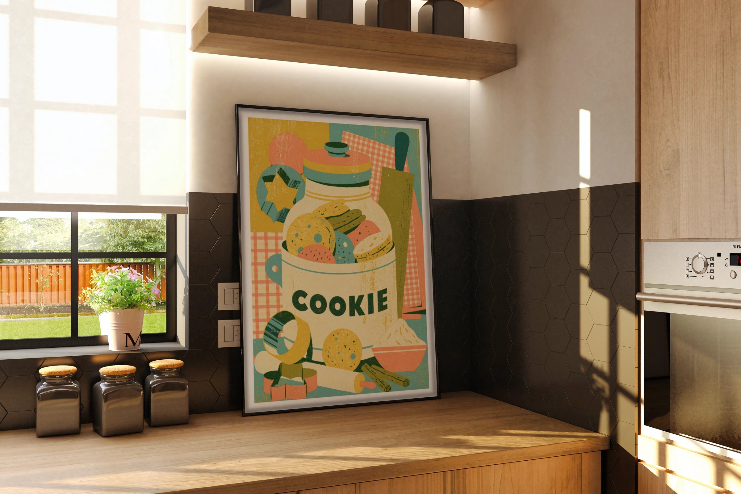 Vintage Food Poster Print, Cookie Jar Rustic Kitchen Decor, Retro Mid Century Risograph Baking Art