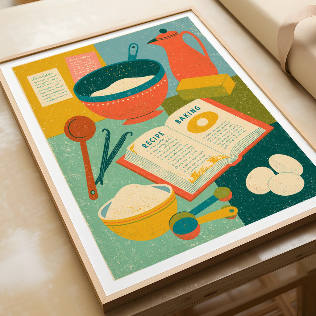 Vintage Food Poster Print, Baking Recipe Art, Rustic Kitchen Decor, Retro Mid Century Risograph