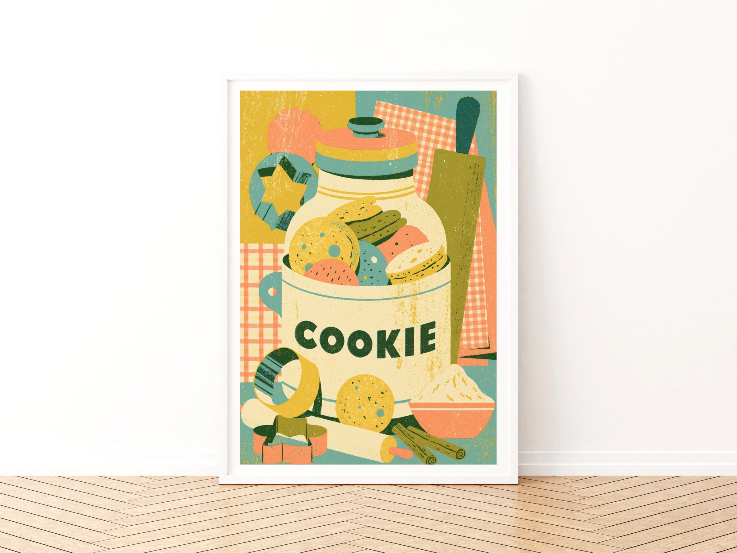 Vintage Food Poster Print, Cookie Jar Rustic Kitchen Decor, Retro Mid Century Risograph Baking Art