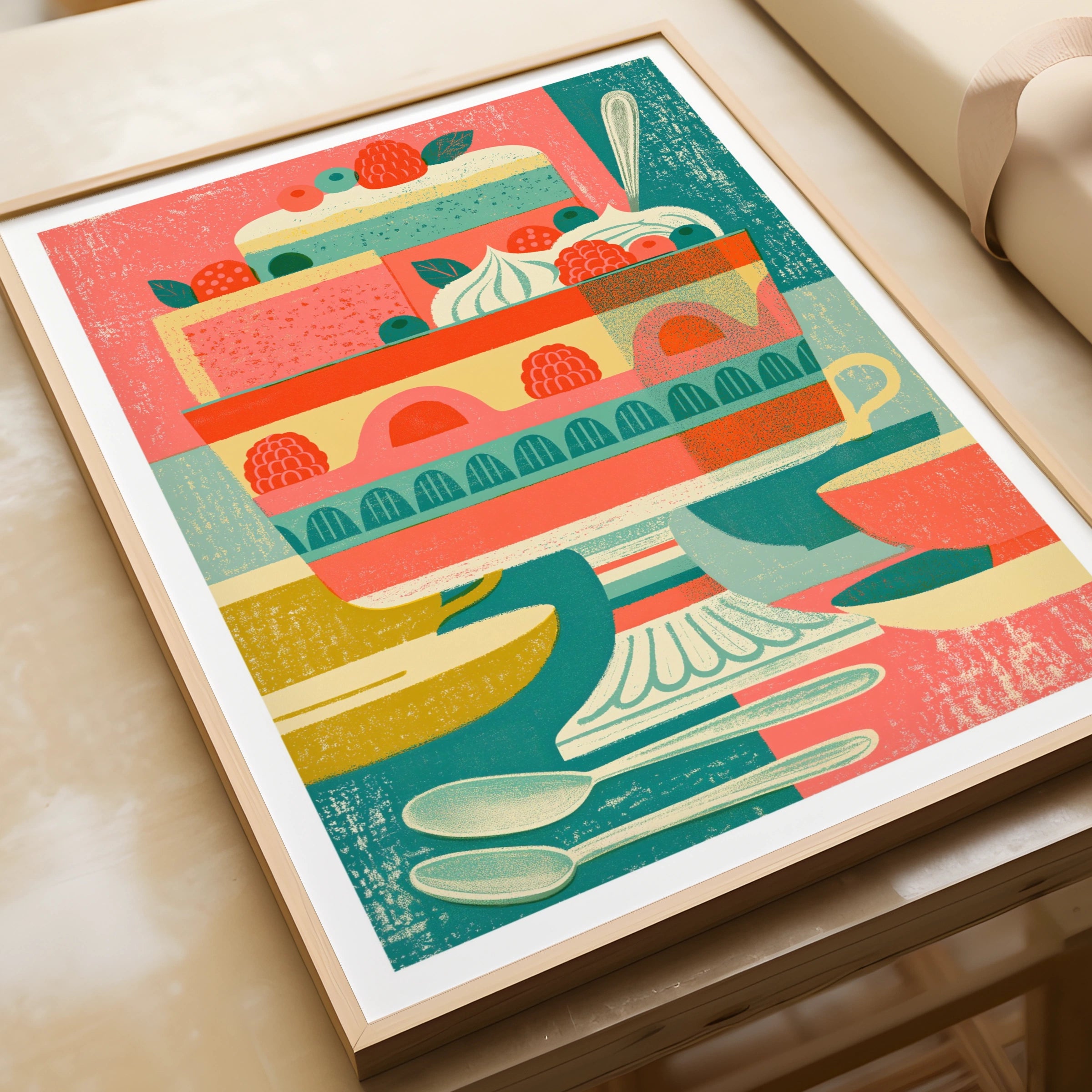 Vintage Food Poster Print, Trifle Dessert, Rustic Kitchen Decor, Retro Mid Century Risograph Art