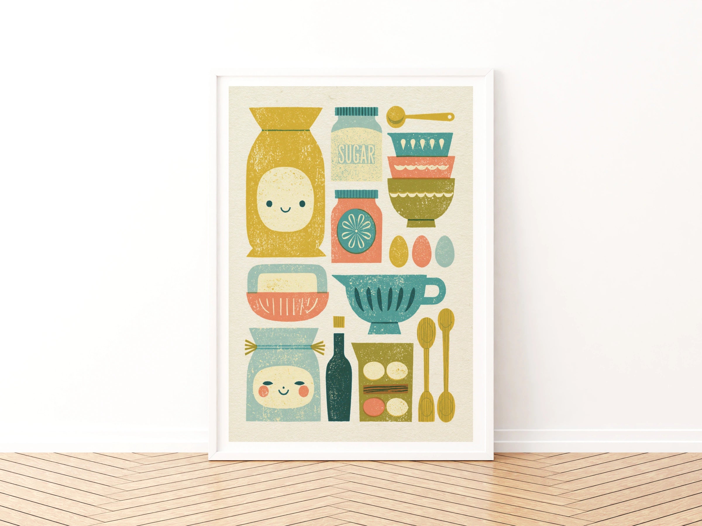 Vintage Food Poster Print, Rustic Kitchen Decor, Retro Mid Century Risograph Kitchen Essentials Baking Art