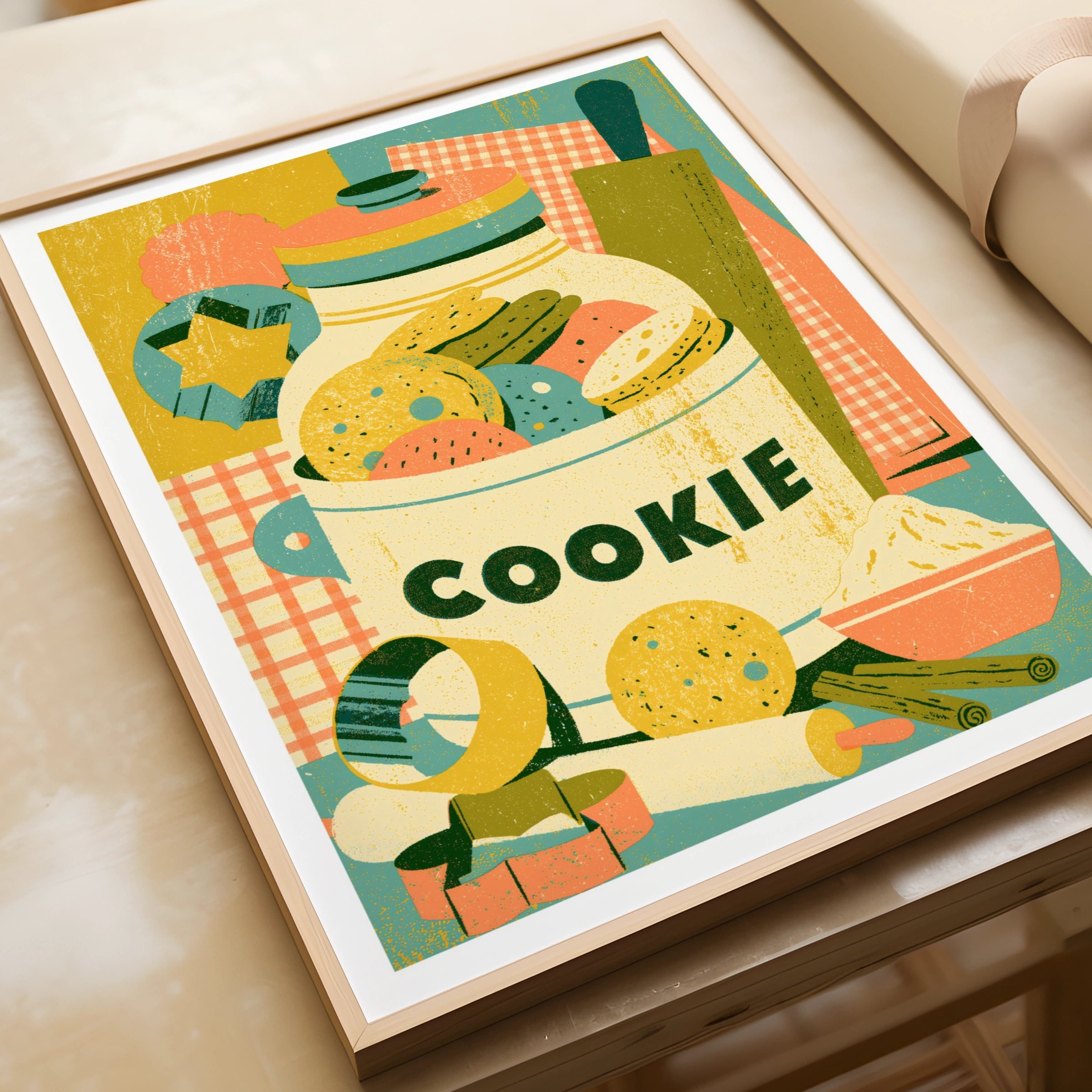 Vintage Food Poster Print, Cookie Jar Rustic Kitchen Decor, Retro Mid Century Risograph Baking Art