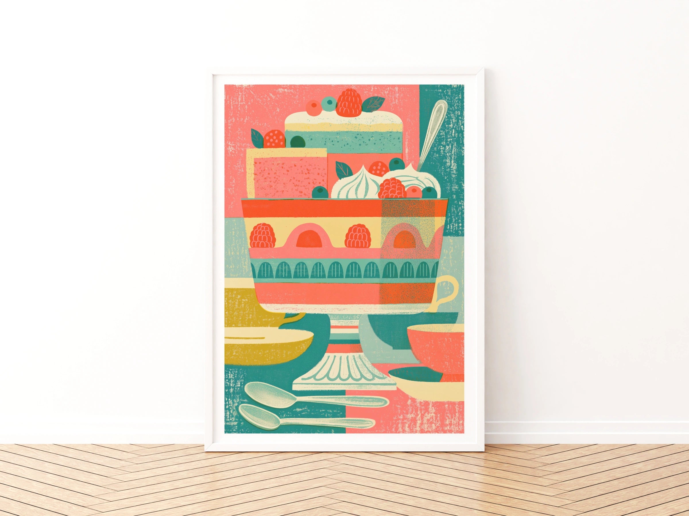 Vintage Food Poster Print, Trifle Dessert, Rustic Kitchen Decor, Retro Mid Century Risograph Art