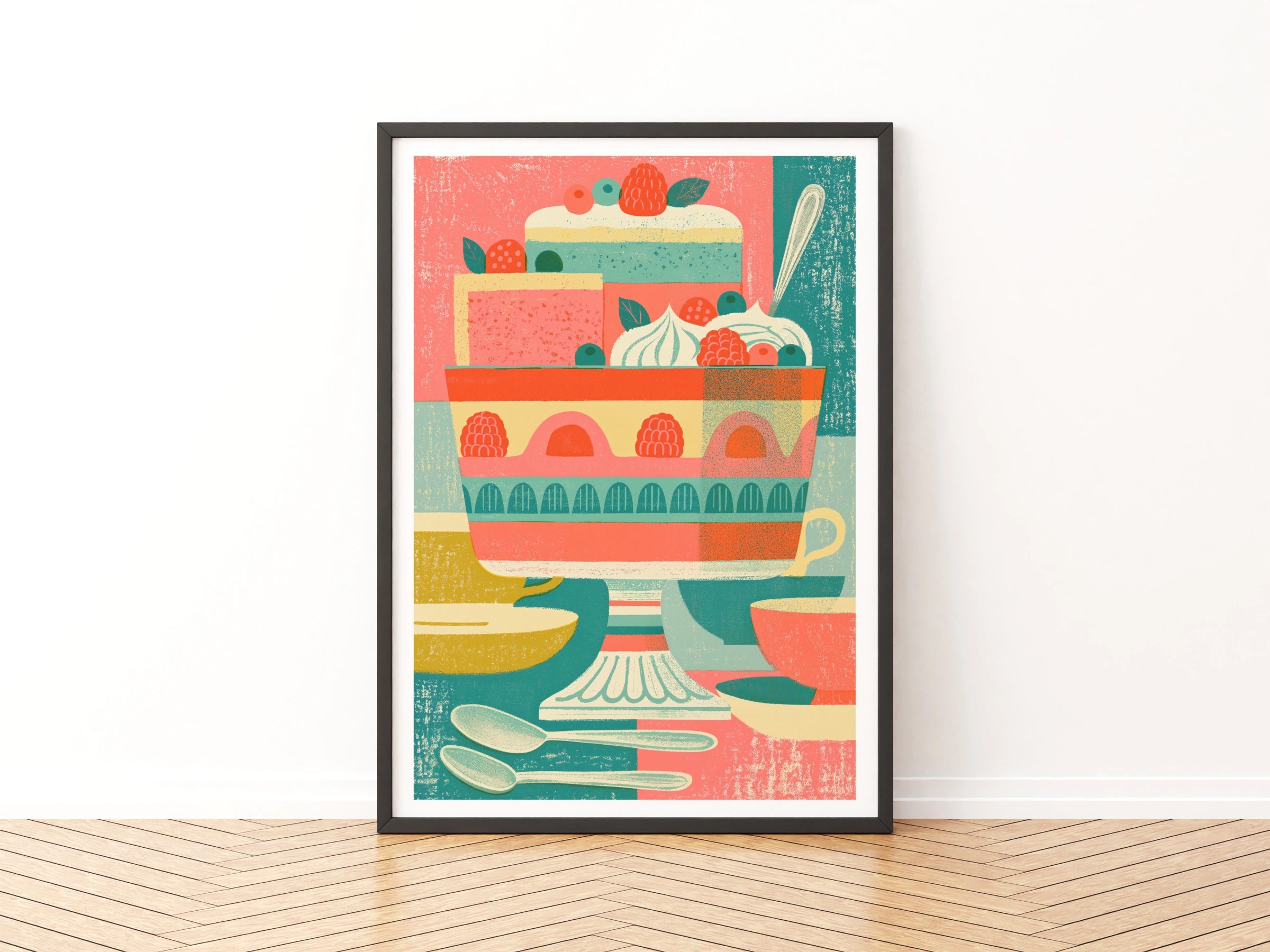 Vintage Food Poster Print, Trifle Dessert, Rustic Kitchen Decor, Retro Mid Century Risograph Art