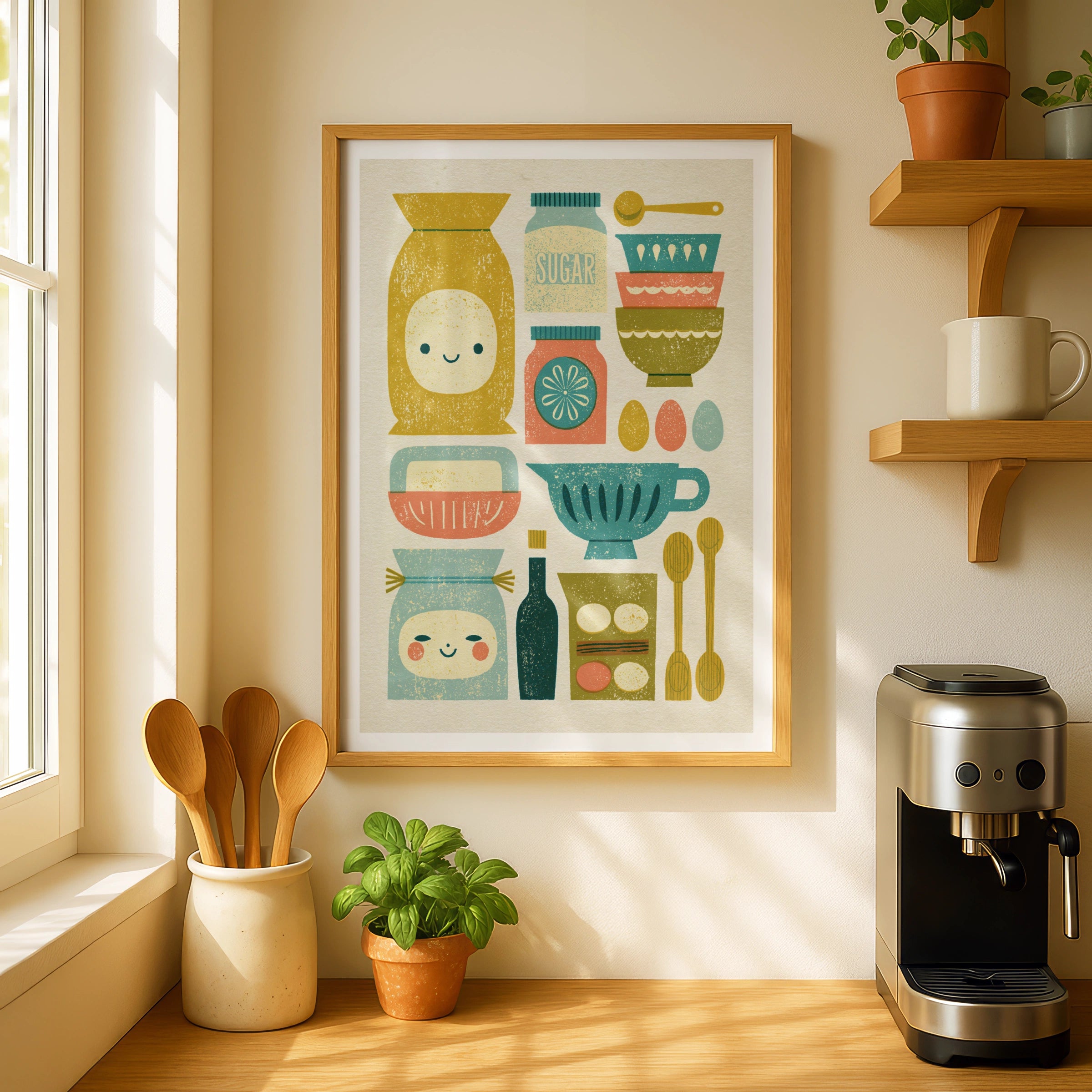 Vintage Food Poster Print, Rustic Kitchen Decor, Retro Mid Century Risograph Kitchen Essentials Baking Art
