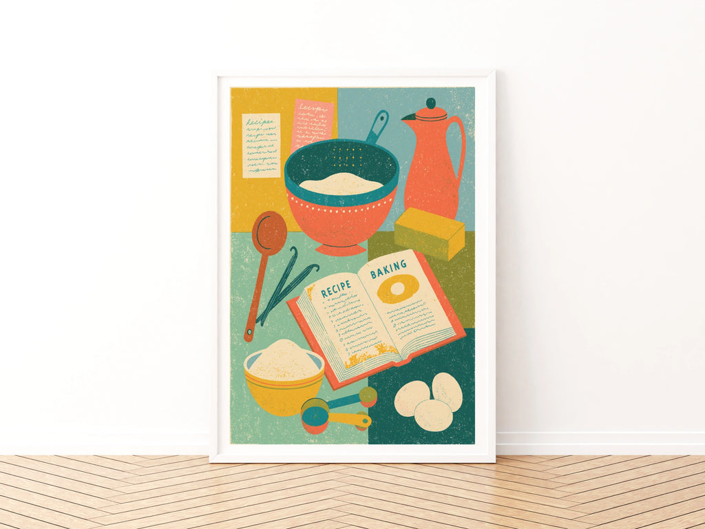 Vintage Food Poster Print, Baking Recipe Art, Rustic Kitchen Decor, Retro Mid Century Risograph