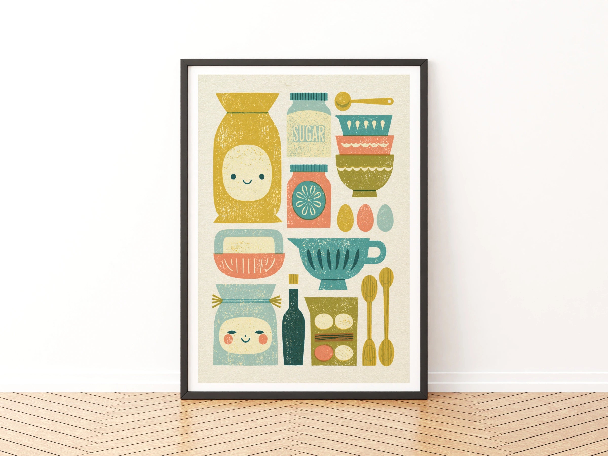 Vintage Food Poster Print, Rustic Kitchen Decor, Retro Mid Century Risograph Kitchen Essentials Baking Art