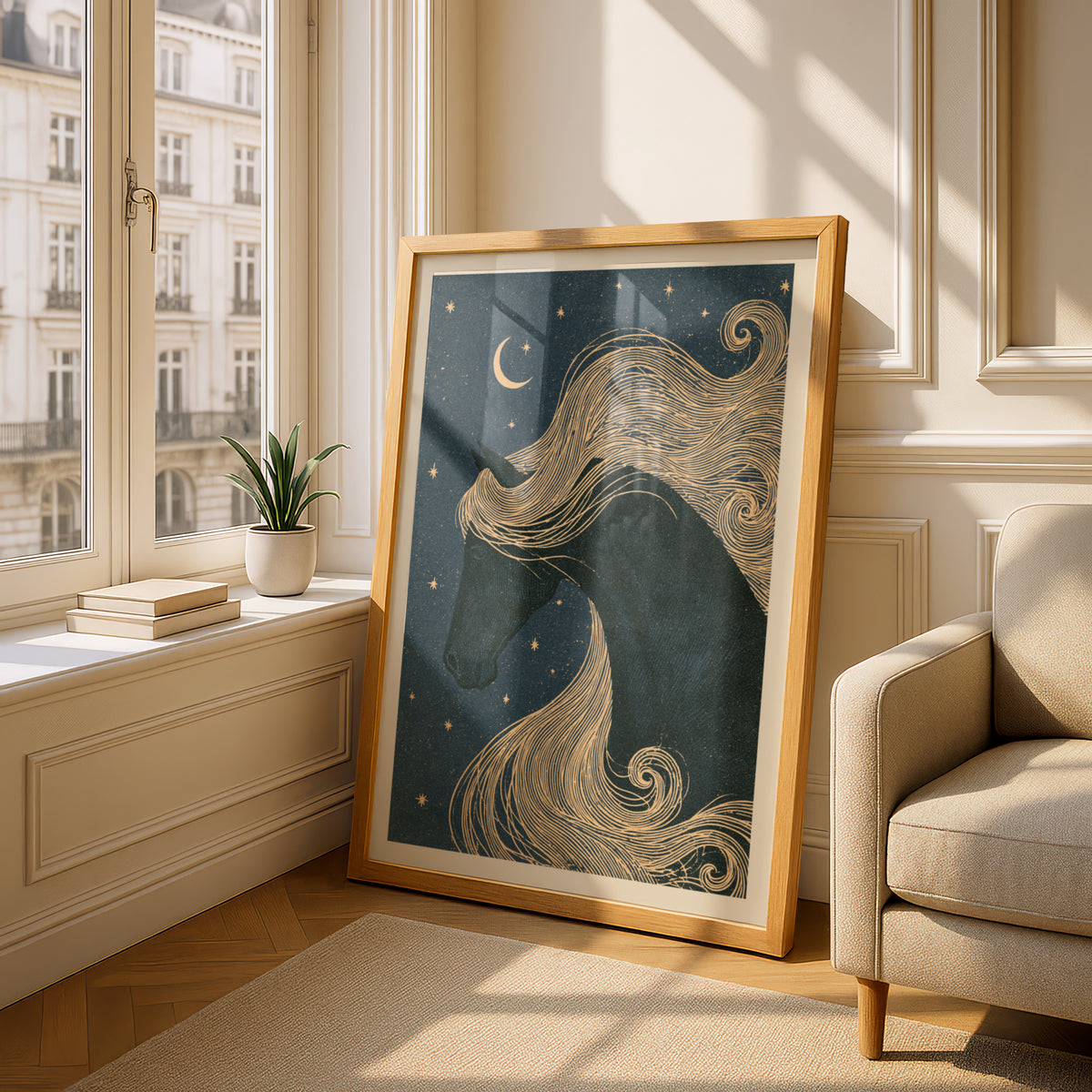 Celestial Horse Wall Art, Black Horse Poster, Moon and Stars Print, Equestrian Decor, Night Sky Art