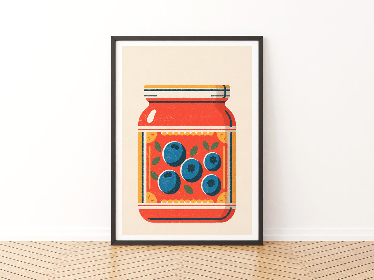 Vintage Food Poster Print | Rustic Kitchen Decor, Blueberry Jam Jar Art, Retro Pantry Wall Art