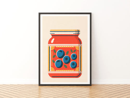 Vintage Food Poster Print | Rustic Kitchen Decor, Blueberry Jam Jar Art, Retro Pantry Wall Art