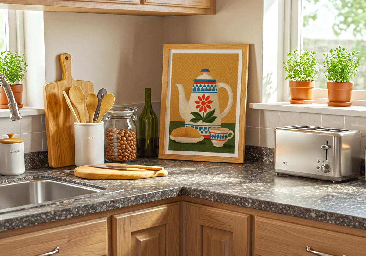 Vintage Food Poster Print, Retro Mid Century Teapot Art, Rustic Kitchen Decor, Risograph Style