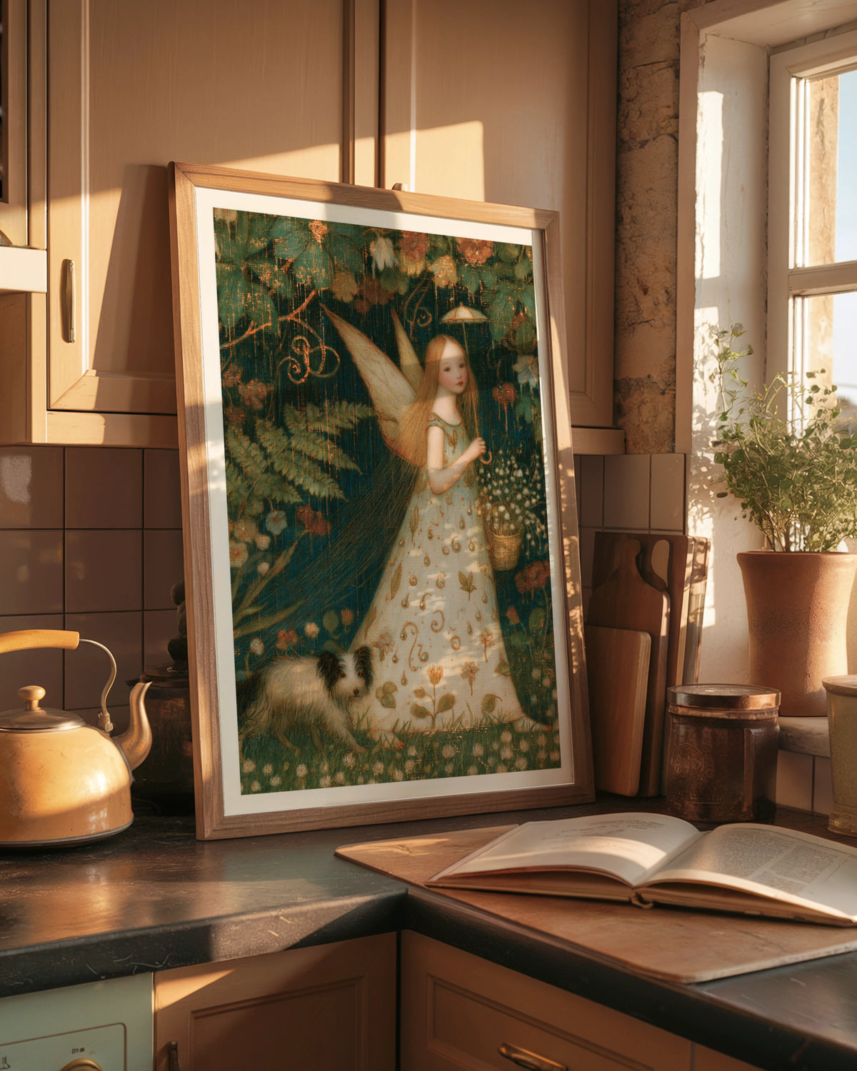 Fairy Girl Garden Print, Classic Folk Art Poster, Floral Fantasy Wall Art, Vintage Illustrated