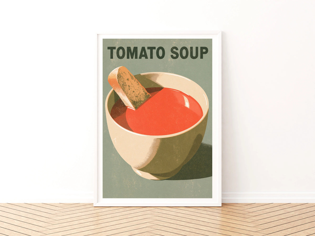 Tomato Soup Vintage Food Poster Print | Rustic Kitchen Decor | Retro Mid Century Risograph Art