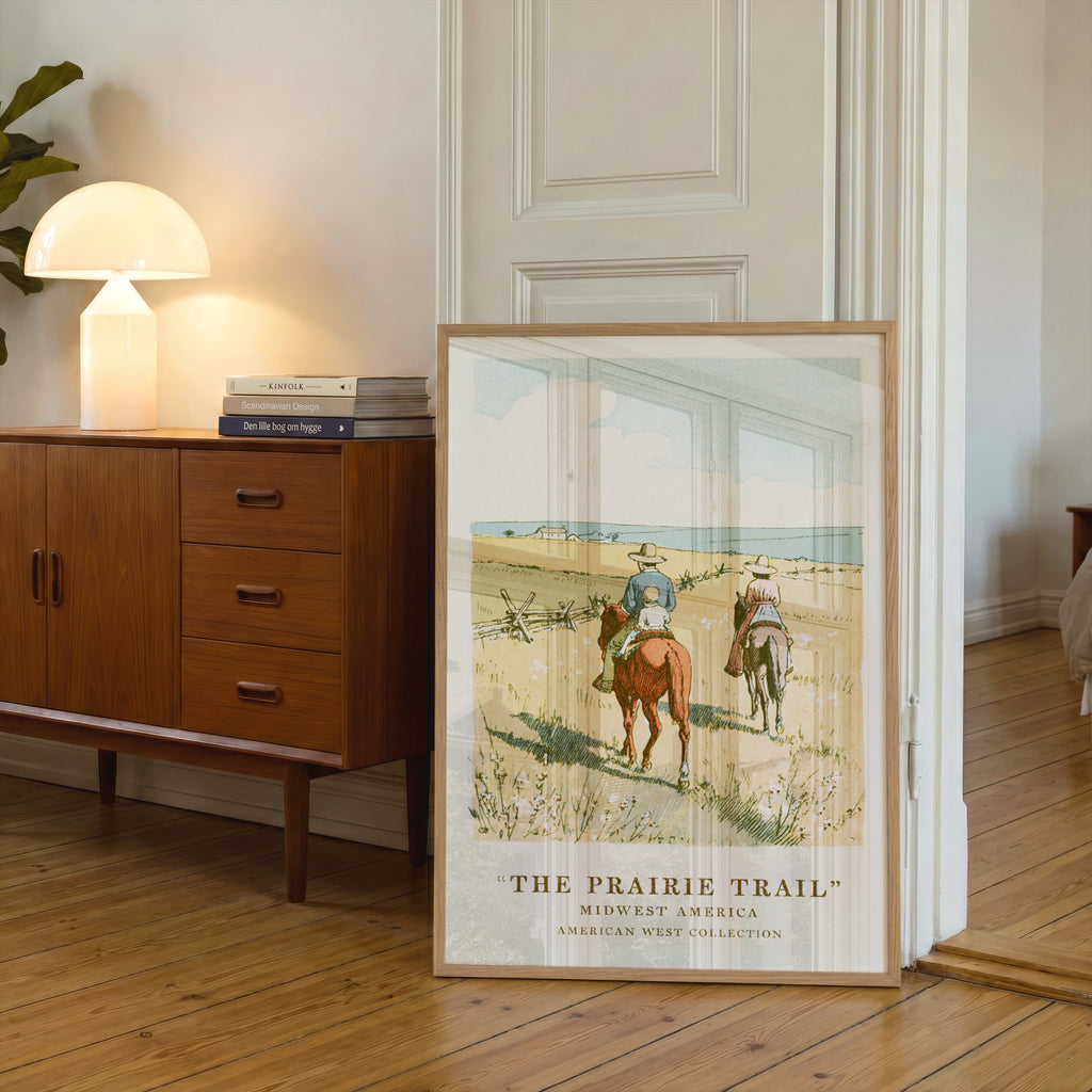 Vintage Prairie Trail Print, Midwest America Wall Art, Western Landscape Poster, Horseback Riders