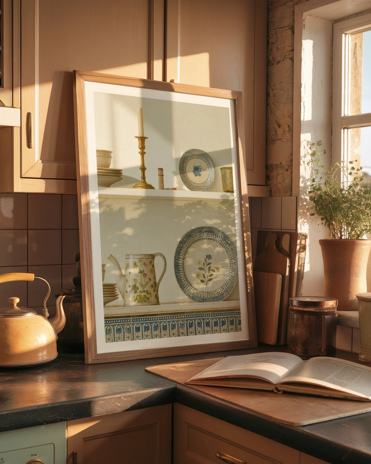 Classic Kitchen Shelf Print, Vintage Pottery Wall Art, Blue Floral Ceramic Poster, Cottagecore