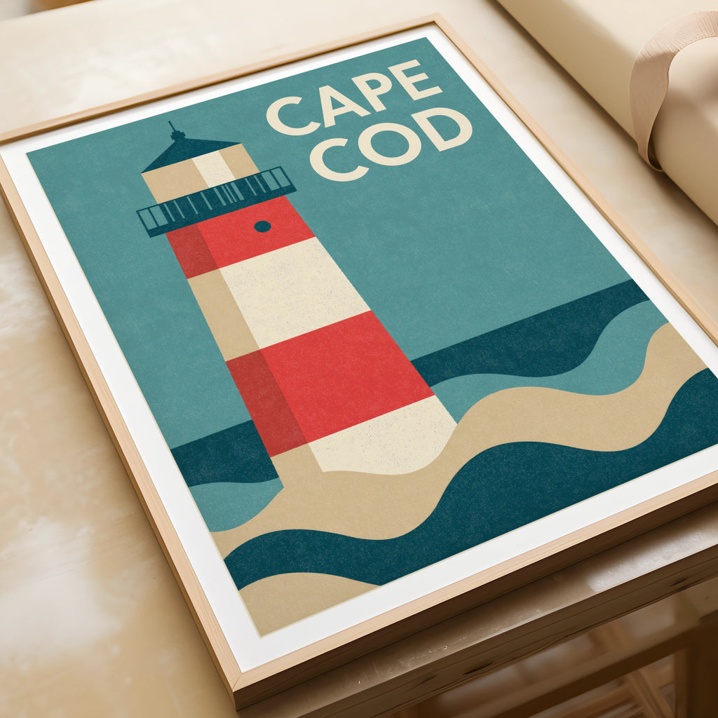 Cape Cod Retro Travel Poster, Lighthouse Print, Nautical New England Wall Art
