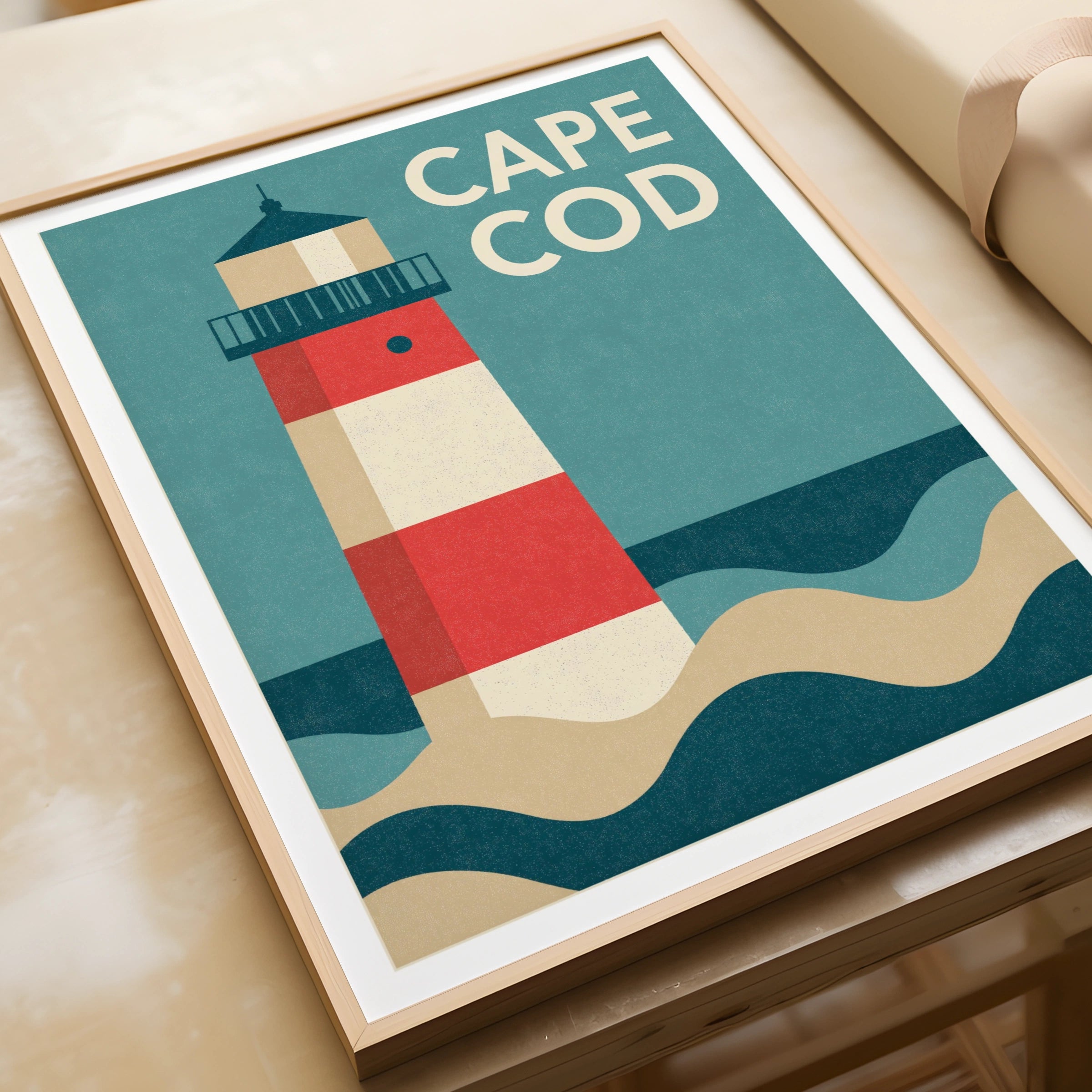 Cape Cod Retro Travel Poster, Lighthouse Print, Nautical New England Wall Art