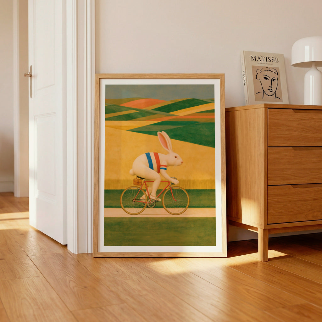 Cycling Rabbit Art Print, Retro Folk Animal Wall Art, Whimsical Bunny on Bike, Vintage Style Print