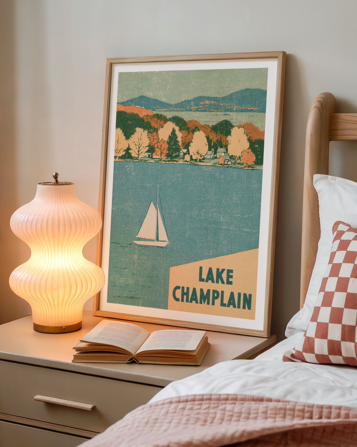 Lake Champlain Retro Travel Poster, Vintage Travel Print, Sailboat Autumn Lake Wall Art Vermont