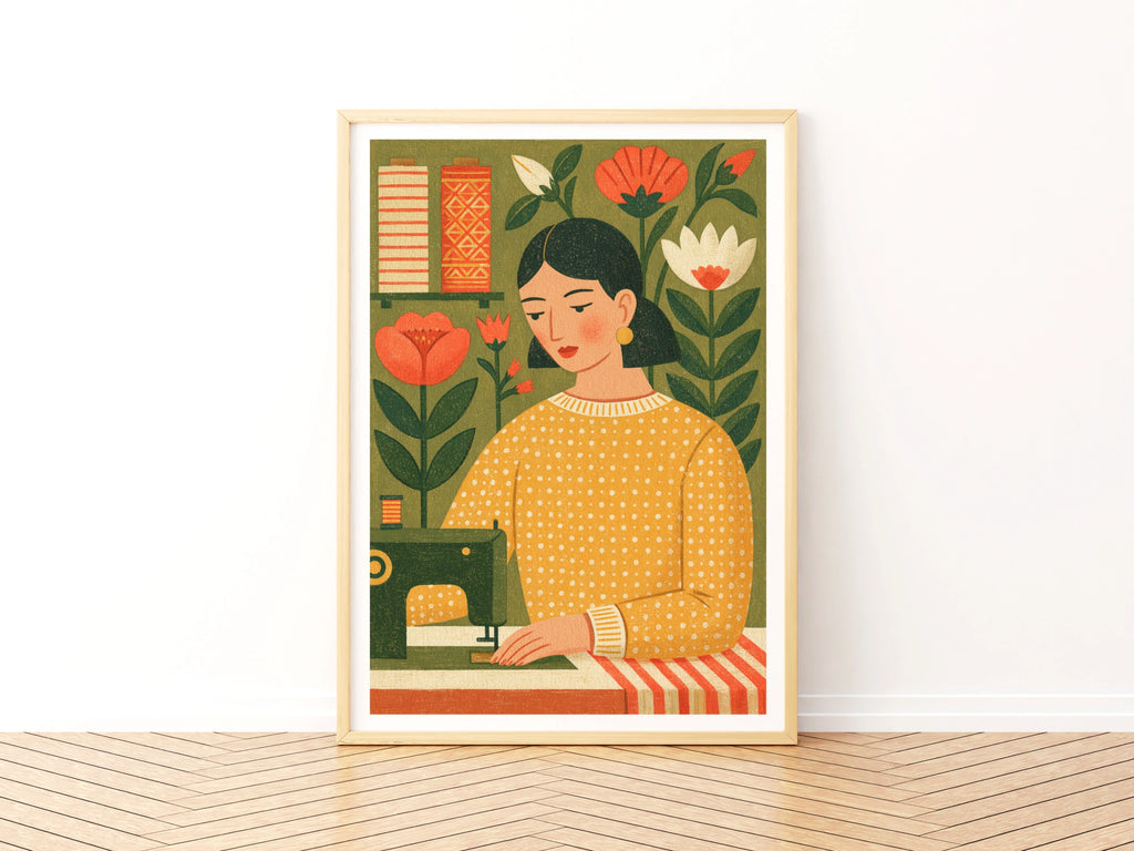 Retro Sewing Print, Craft Room Wall Art, Vintage Sewing Machine Poster, Floral Folk Art Gift